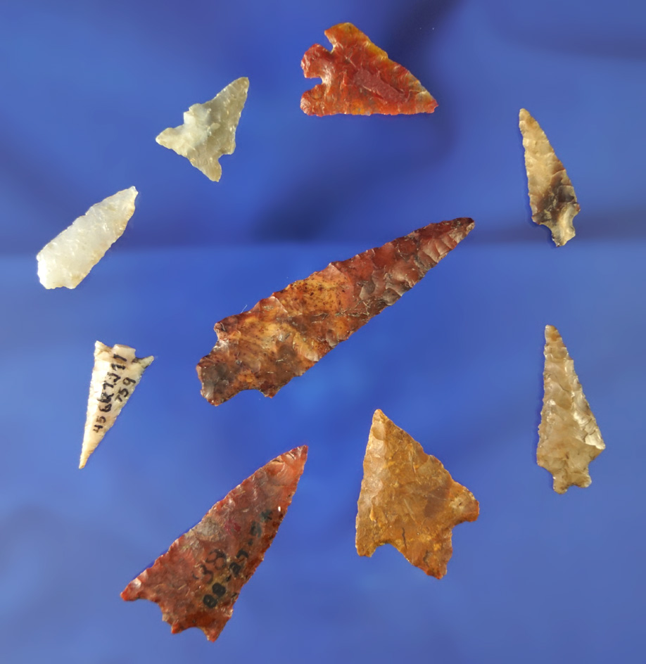 Set of nine nice Columbia River arrowheads, largest is 2 1/16".