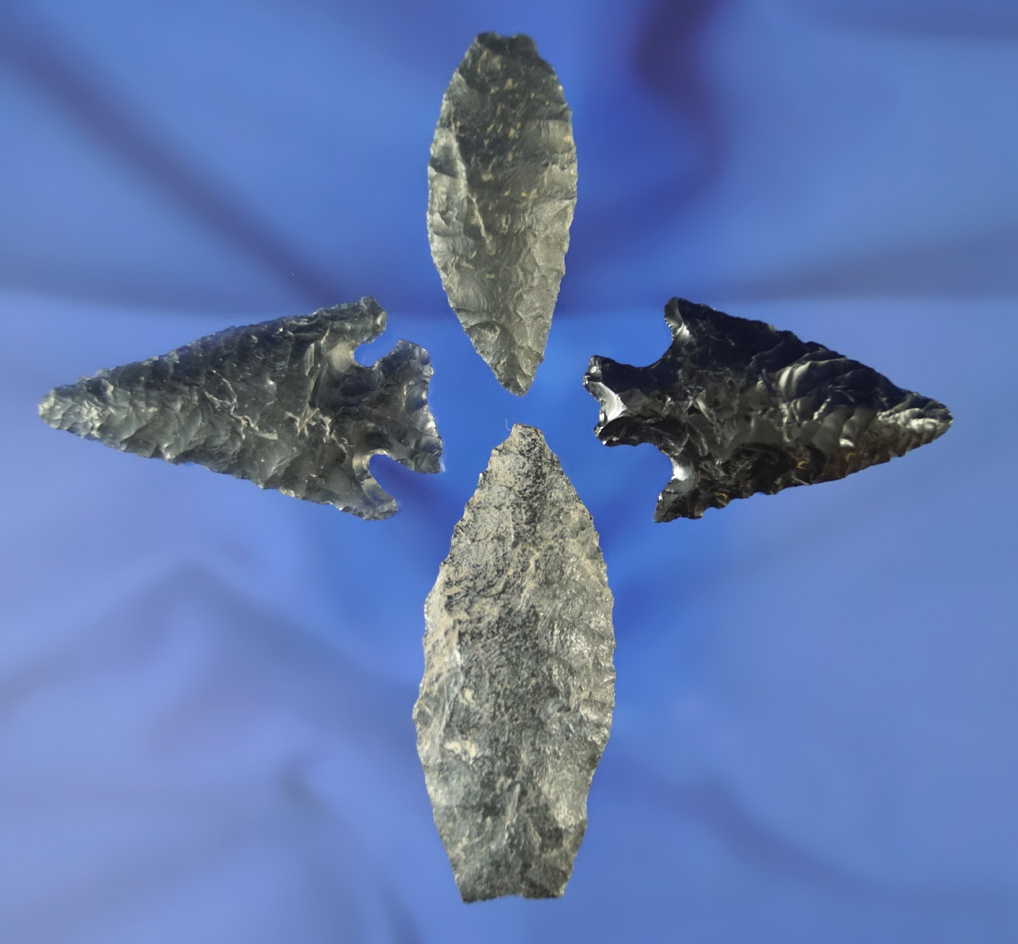 Set of four assorted obsidian arrowheads found in Oregon, largest is 2 5/16".
