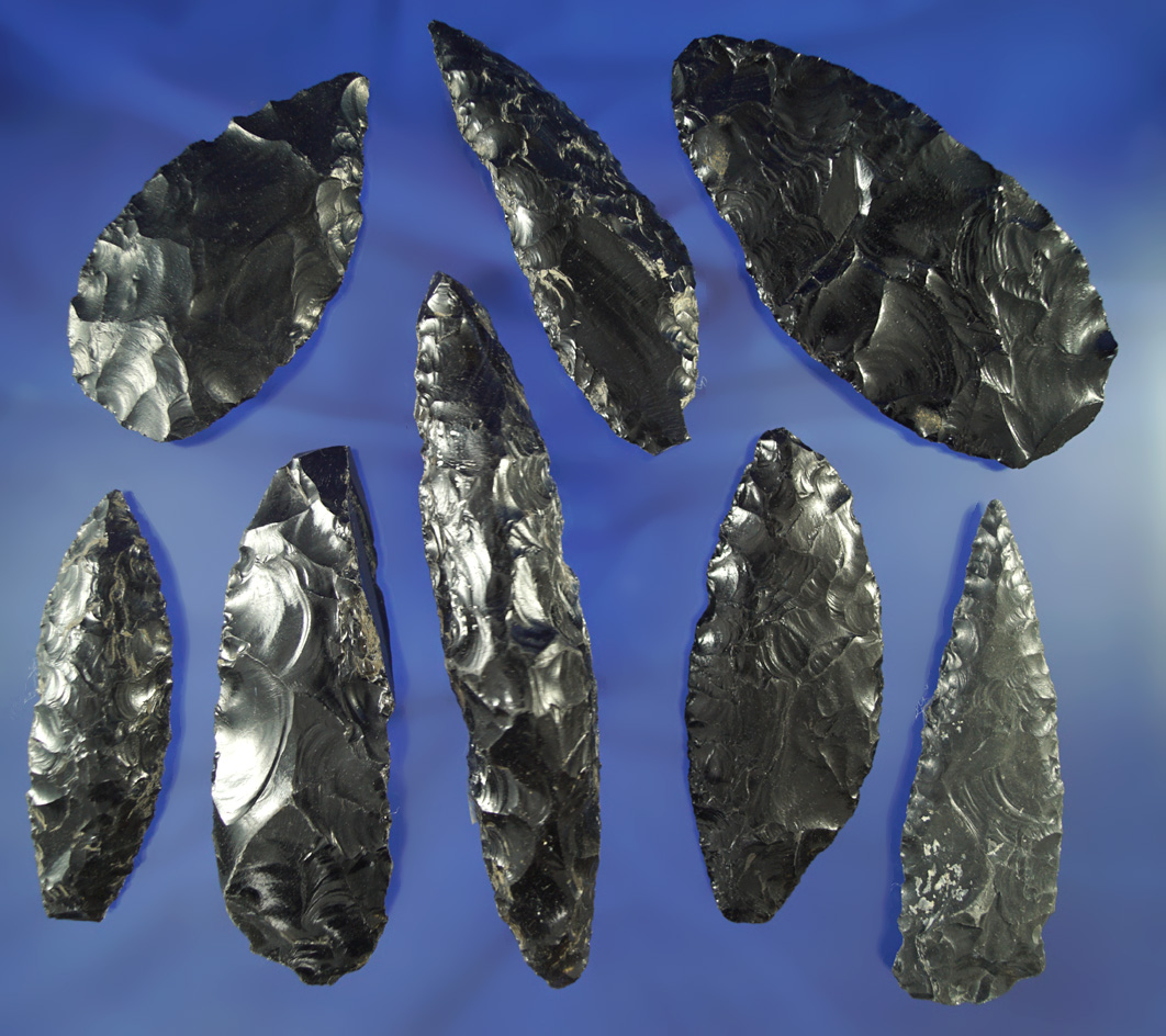 Group of eight obsidian Blades and Knives found in the Great Basin area, largest is 5 9/16".