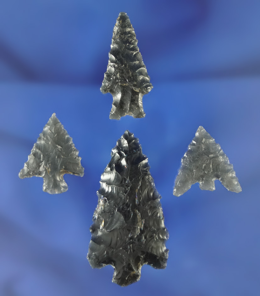 Set of four obsidian arrowheads found in Oregon, largest is 1 5/8".
