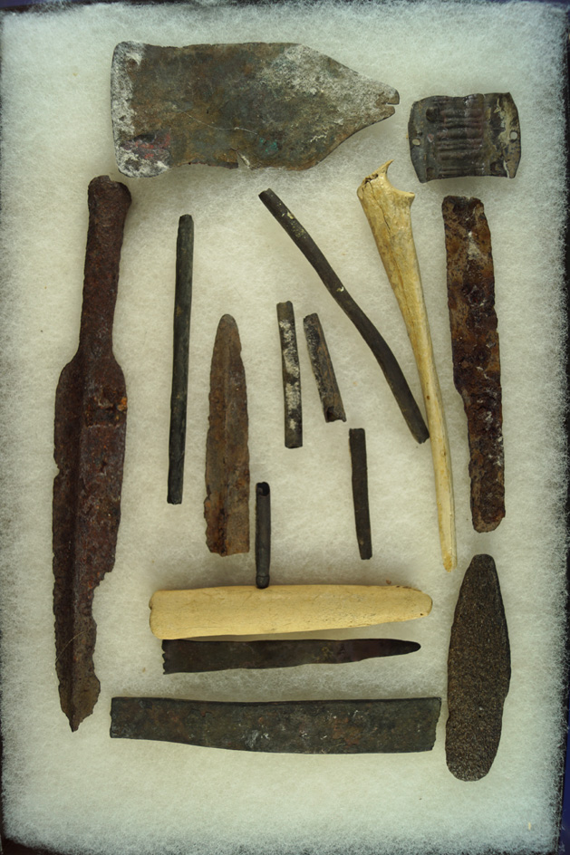Nice artifact group recovered by the Columbia River, including bone, copper, tube beads,trade items.