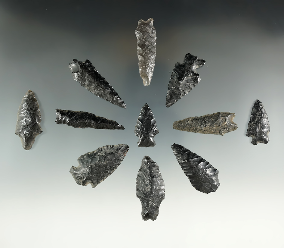 Set of 11 assorted Obsidian Points found in Oregon, largest is 1 3/4".