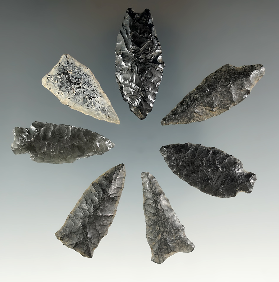 Group of seven assorted Obsidian Points found in Oregon, largest is 1 5/8".