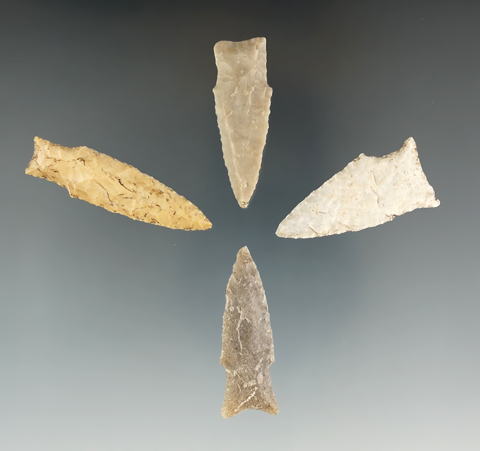 Set of four assorted Texas points, nice condition. Largest is 2 1/8".