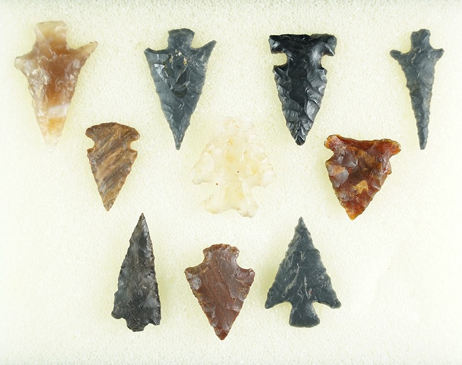 Set of 10 Columbia River area arrowheads, largest is 1 14".