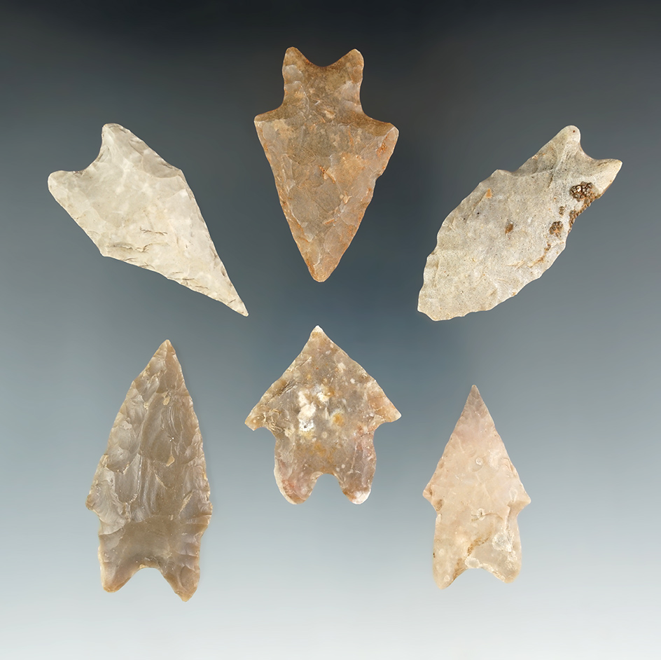 Set of six assorted Pedernales Points found in Texas, largest is 2 7/16".
