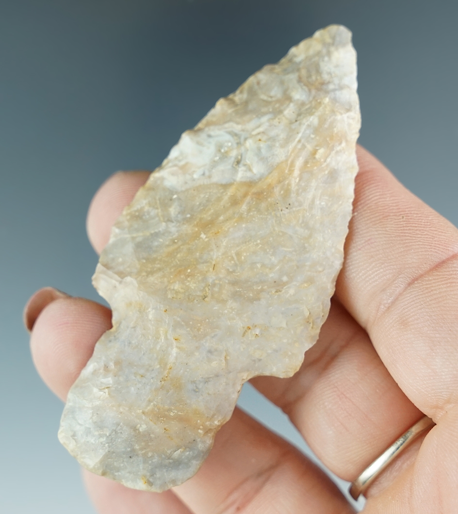 2 13/16" Adena made from colorful Boyles Chert. Found in Kentucky. Ex. Jim Hogue.