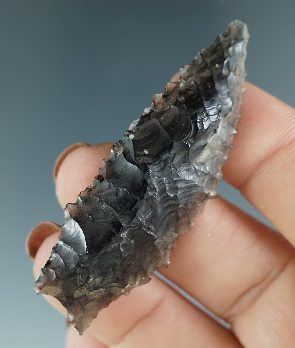 Excellent serrations on this heavily patinated 2 5/16" Humboldt Concave Base found in Oregon.