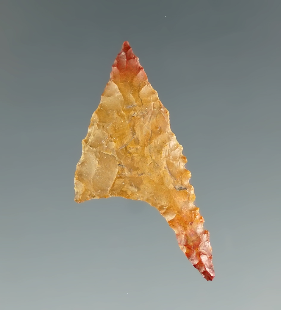 Uniquely styled 1 1/8" red and yellow Jasper Gunther with one long barb. Found in Coos Co., OR.