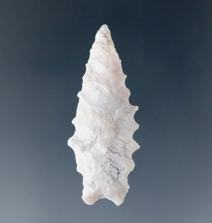 Ex. Museum! 1 3/8" heavily patinated Humboldt point found in Oregon. Very nice edge serrations.