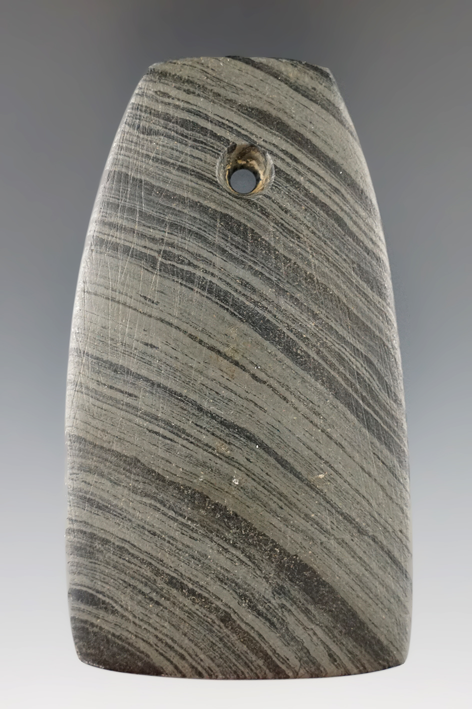 3 3/16" Hopewell Trapezoidal Pendant made from banded Slate found in Ohio.  Ex. Jim Hovan.