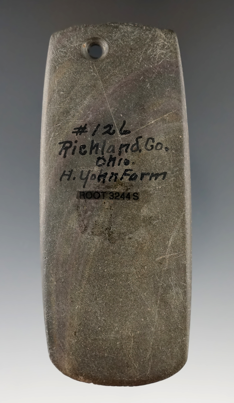 4 1/16" Adena Trapezoidal Pendant. Banded Slate. Richland Co., Ohio.  Ex. May, Hooks, Harding.