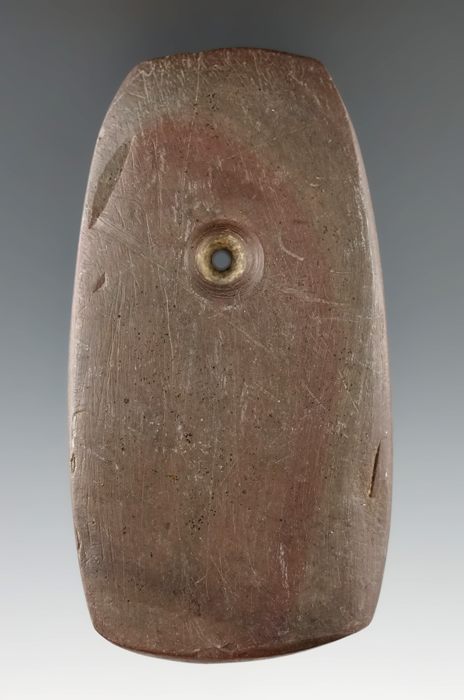 3 9/16" Adena Trapezoidal Pendant found in Morrow Co., Ohio. Banded Slate.  Ex. Herman Cull.