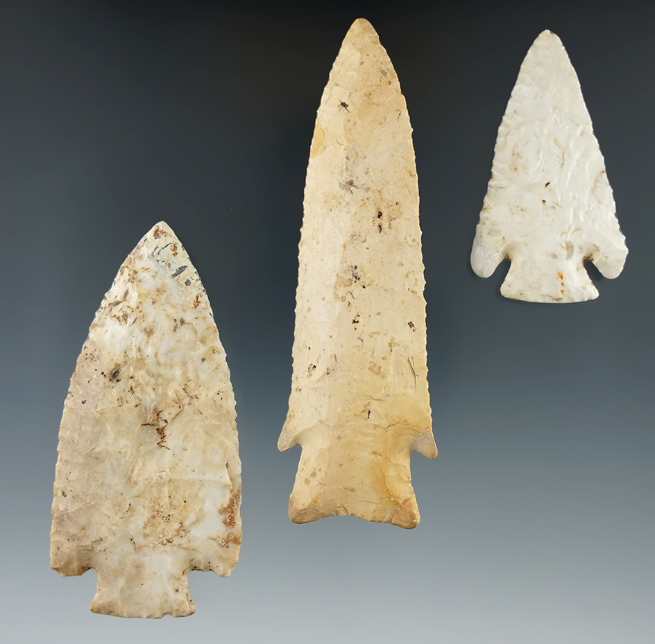 Set of three restored Hardin points found in Illinois/Missouri, largest is 4 1/8".