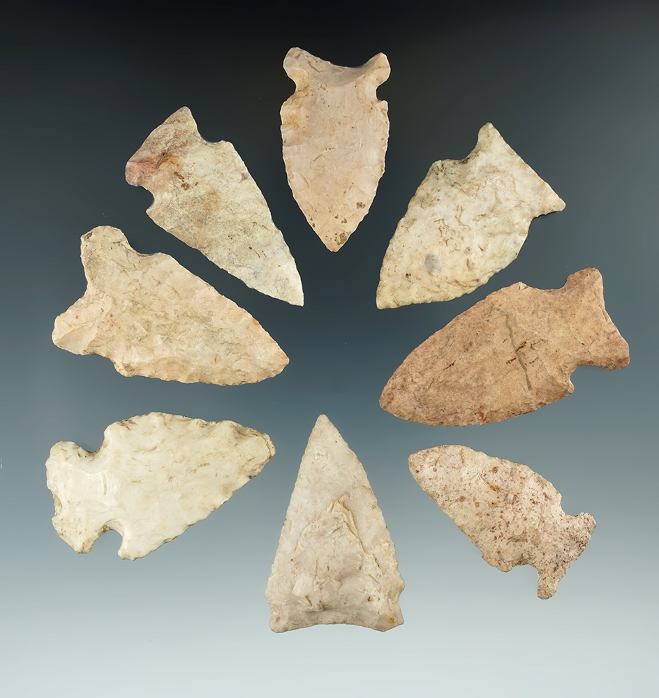 Set of 8 assorted arrowheads found in Missouri, largest is 2".