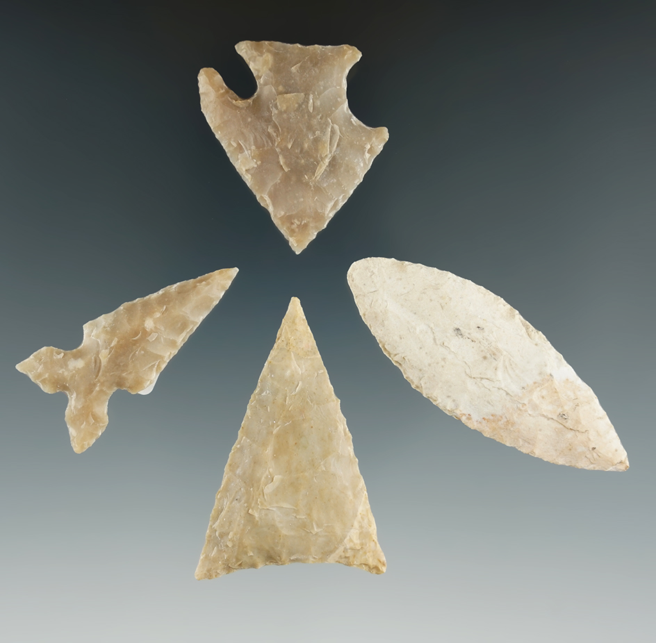 Four assorted points , largest is 2 1/4", found by Randy Sunderland in the Texas & New Mexico area.