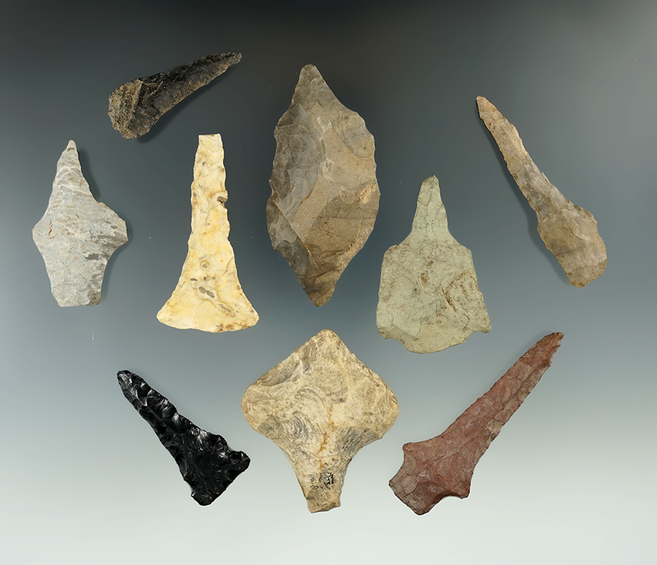 Set of nine Drills from various areas, largest is 2 5/8".