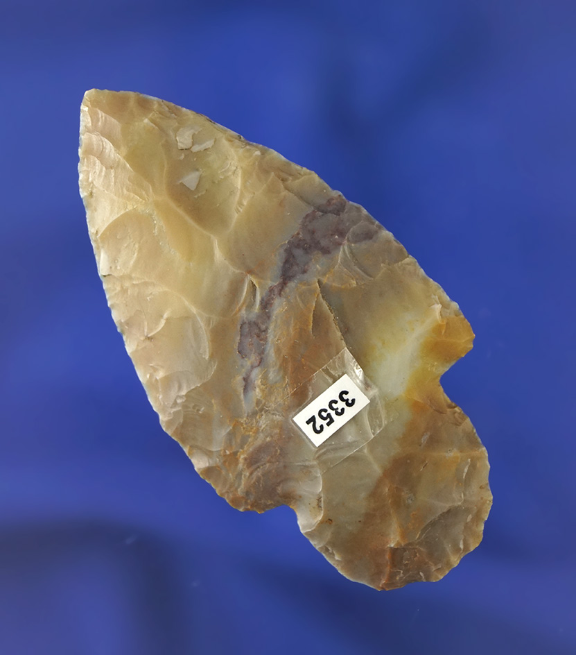 Beautiful material on this 2 5/8" Adena found in Ottawa Co.,  Ohio made from colorful Flint Ridge