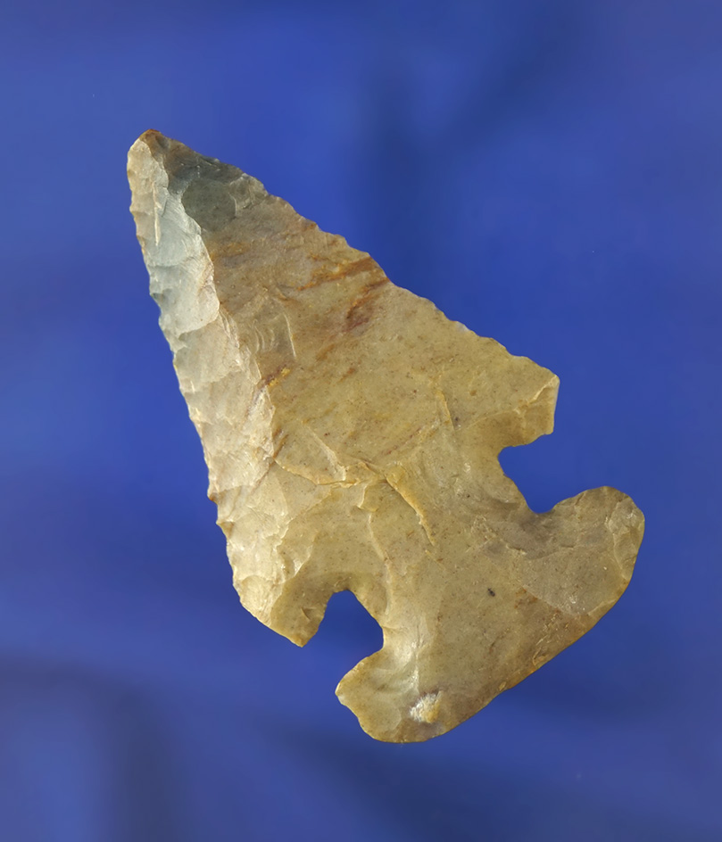 Nicely beveled 2 3/8" Archaic Thebes E-Notch- Upper Mercer Flint found in Delaware Co.,  Ohio.