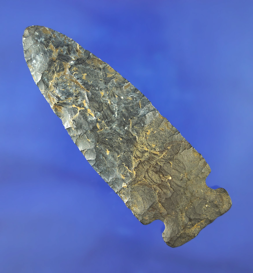 4 3/16" Archaic Sidenotch made from Coshocton Flint, found in Delaware Co., Ohio. Bennett COA.