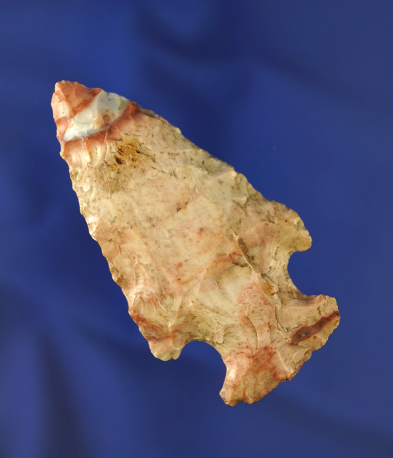 Colorful 2 3/4" pink and orange Flint Ridge Hopewell found in Norwalk, Ohio. Ex. Thomas.
