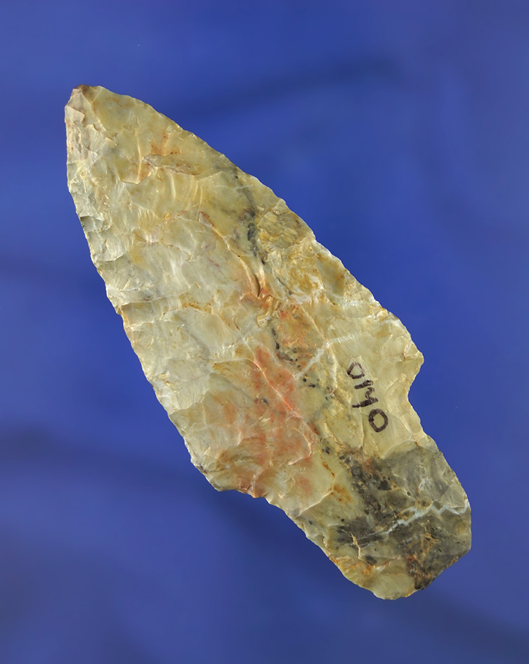 Nicely patinated 3 9/16" Adena made from colorful Flint Ridge Flint found in Ohio.