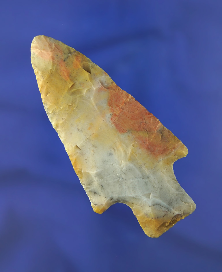 Beautiful color  3 11/16" Flint Ridge Flint Robbins Adena found in Union Co., Ohio. Bennett COA.