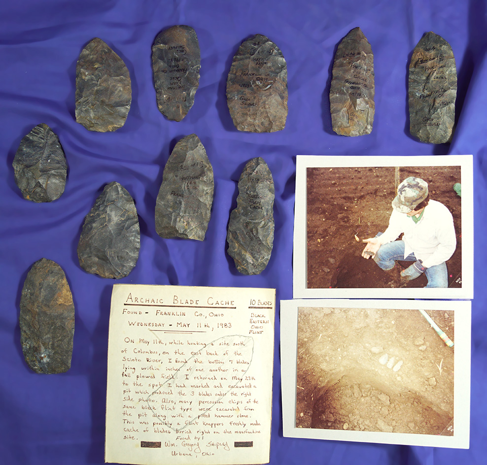 Cache of 10 Archaic blades found in Franklin Co.,  Ohio in 1983 by Greg Shipley of Urbana Ohio.