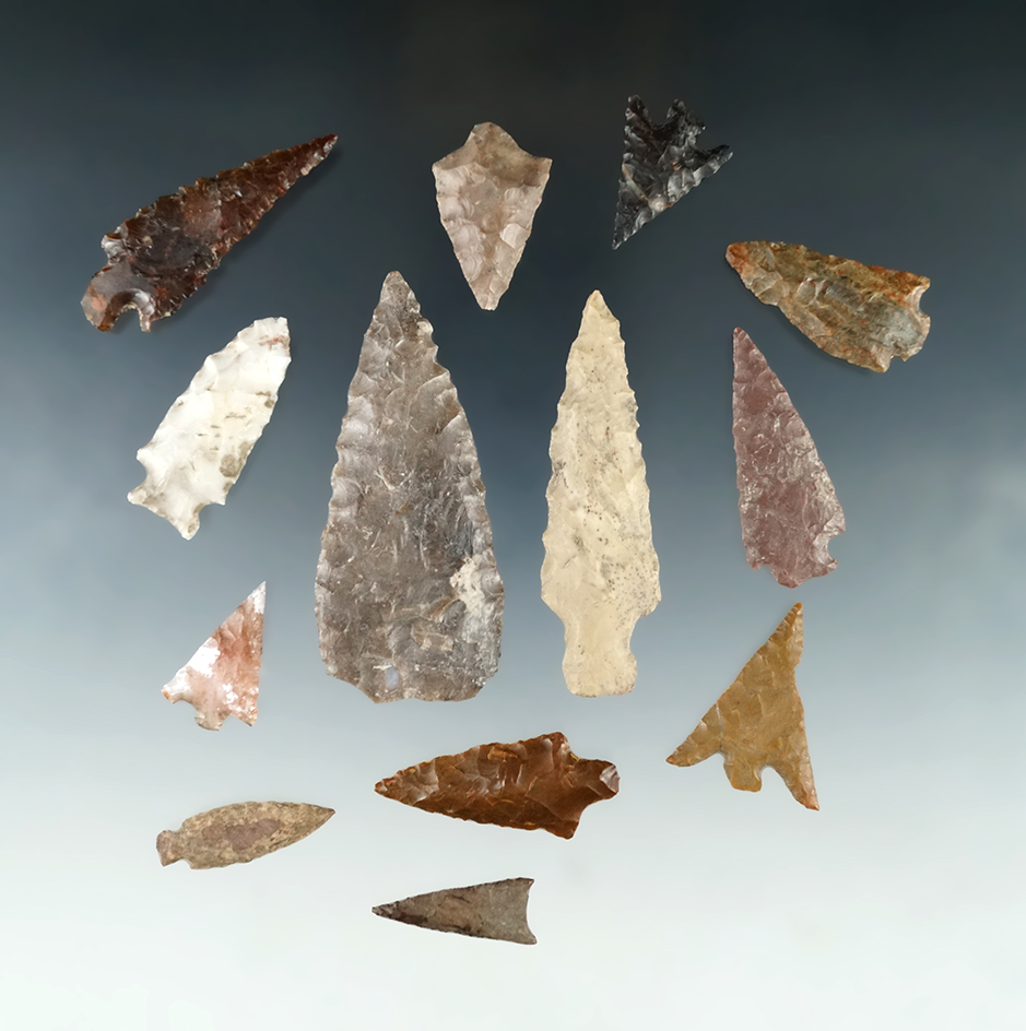 Set of 13 Columbia River Arrowheads, largest is 2 5/8".