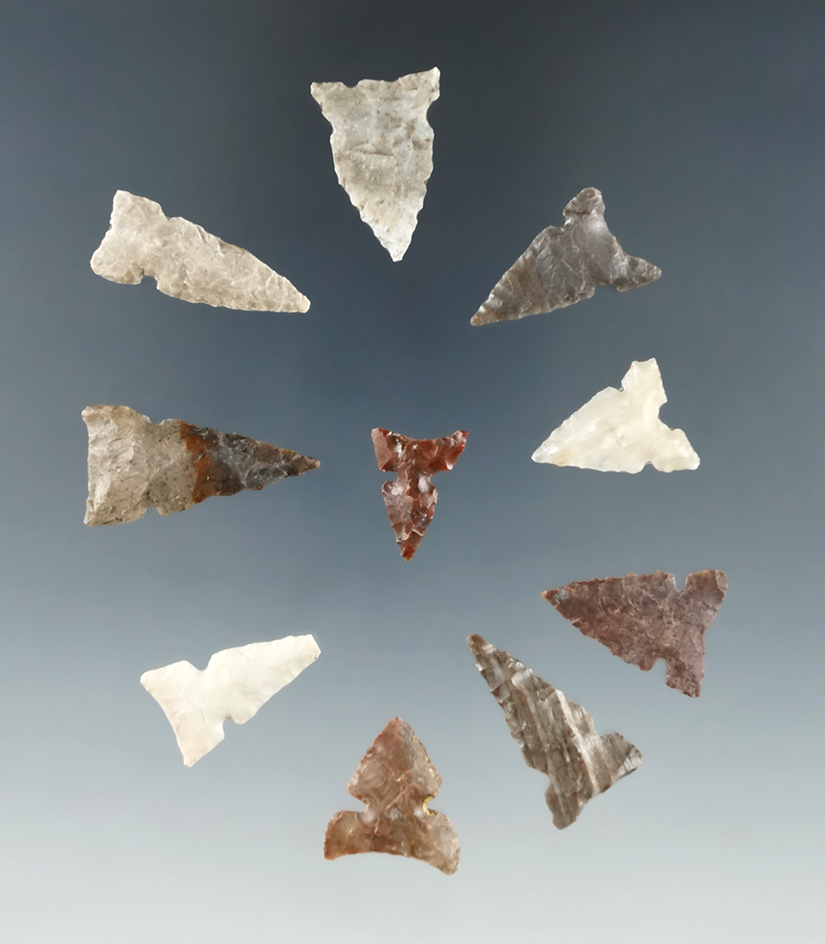 Set of 10 Columbia River arrowheads, largest is 1".