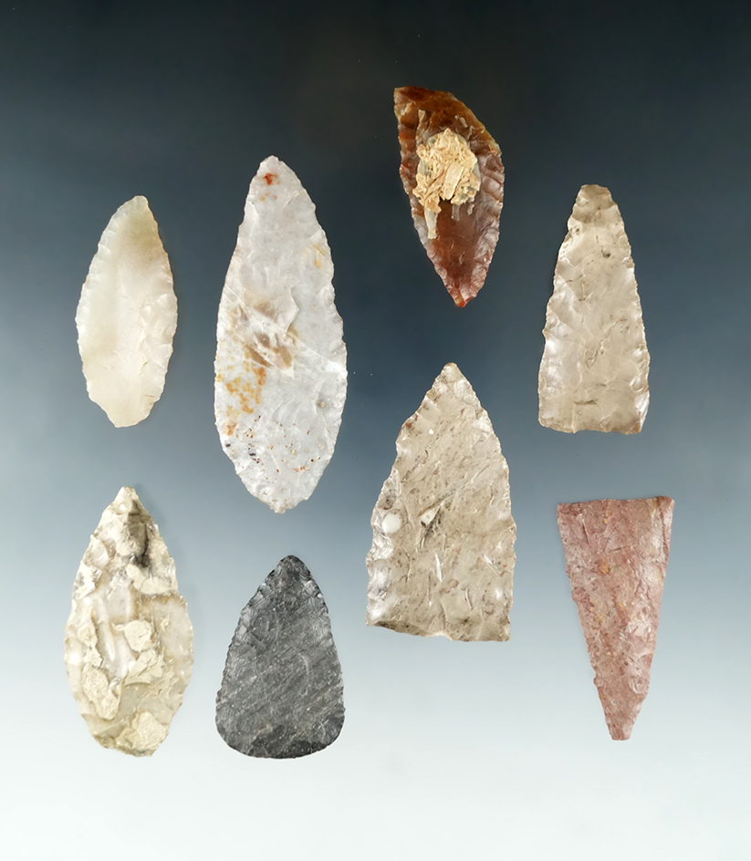 Set of 8 Assorted Arrowheads found in Oregon, largest is 2 11/16".