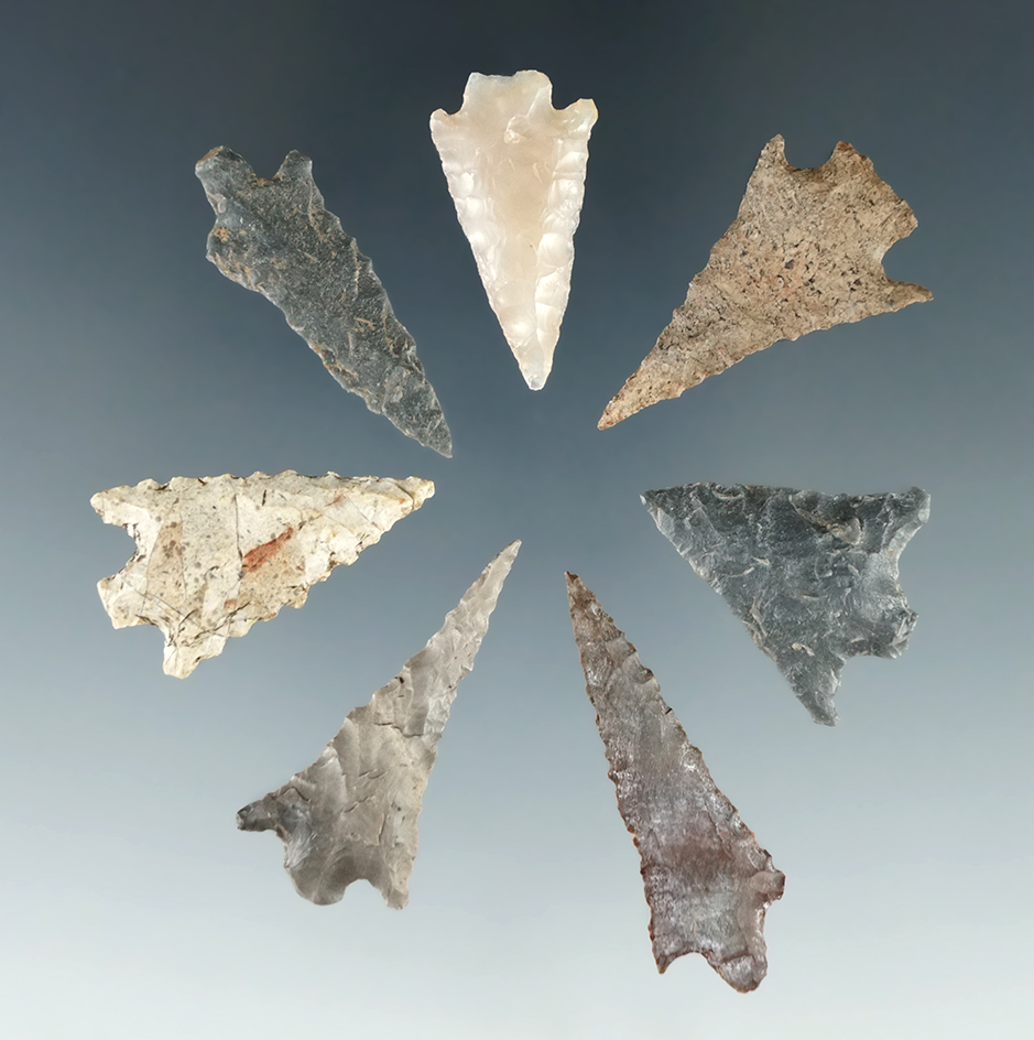 Group of 7 Assorted Arrowheads found near Muddy Creek, Linn Co., Oregon. Largest is 1 5/16".