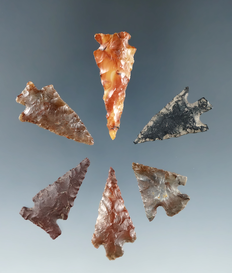 Set of 6 nice Columbia River arrowheads, largest is 1 5/16".