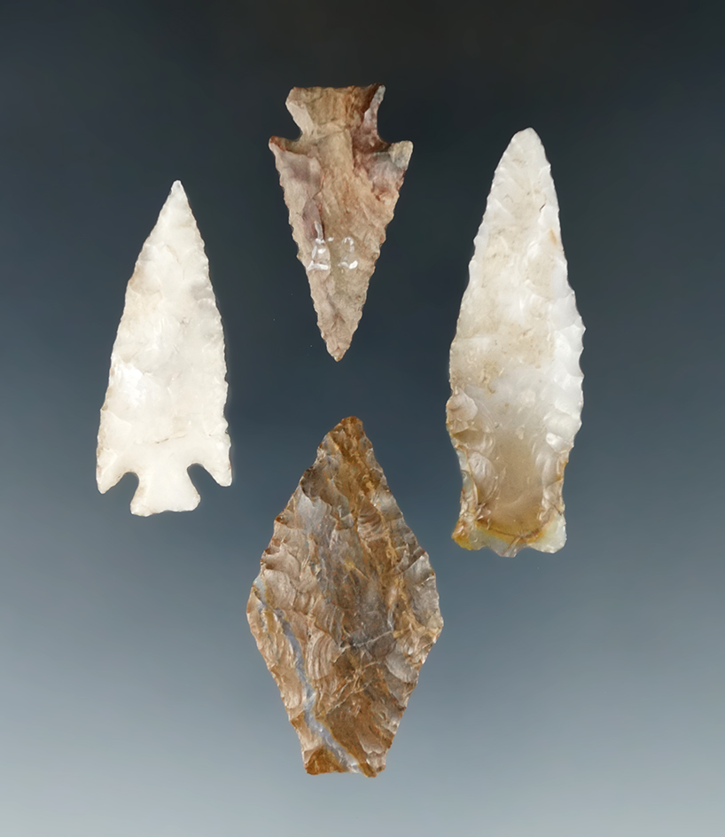 Set of 4 Columbia River Arrowheads, largest is 1 7/8".