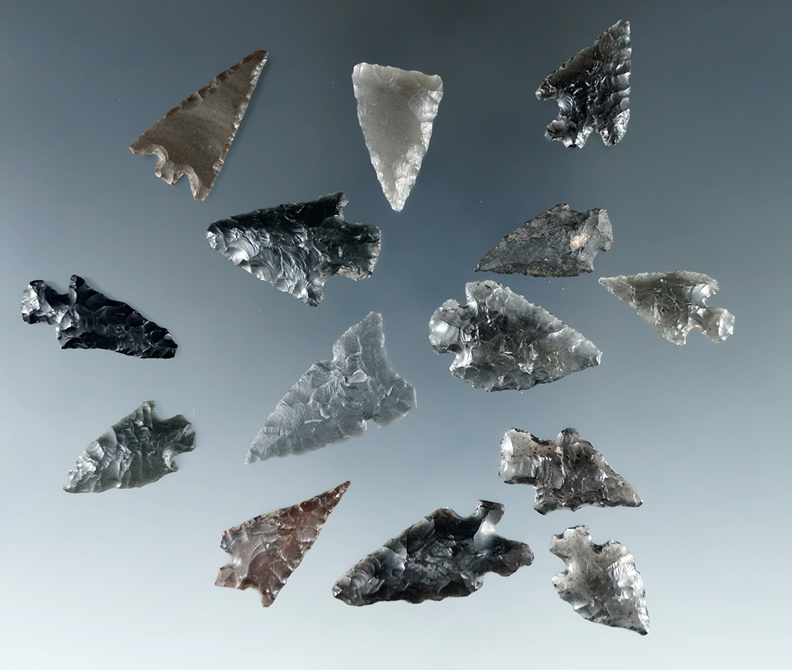 Set of 13 Obsidian arrowheads found in Oregon, largest is 1".