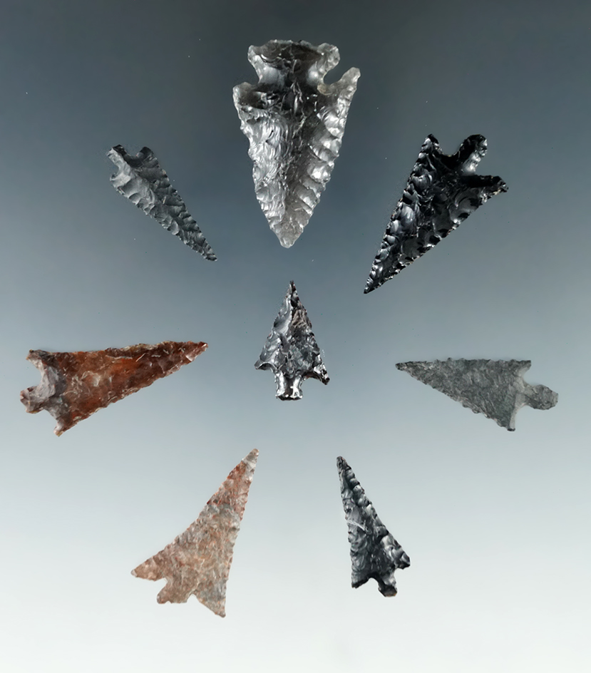 Set of 8 Columbia River Gempoints found by Kaye Don Bruce, largest is 1 3/8".