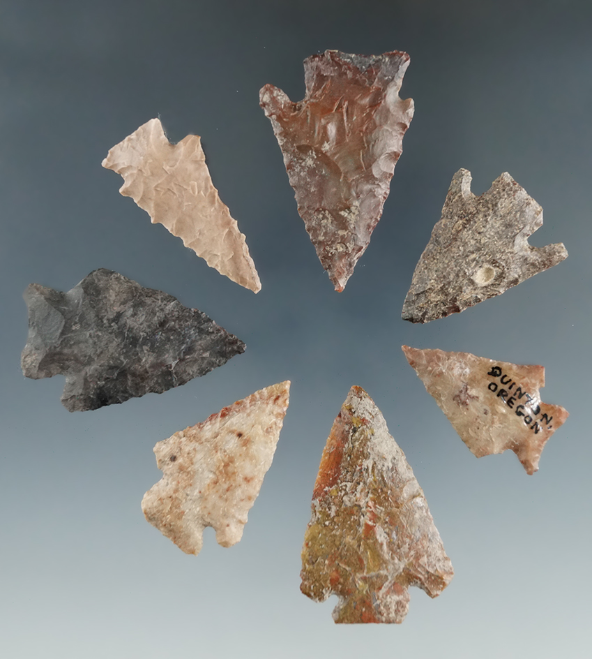Set of 7 Assorted Arrowheads found near Quinton, Oregon by Kaye Done Bruce, largest is 1 9/16".