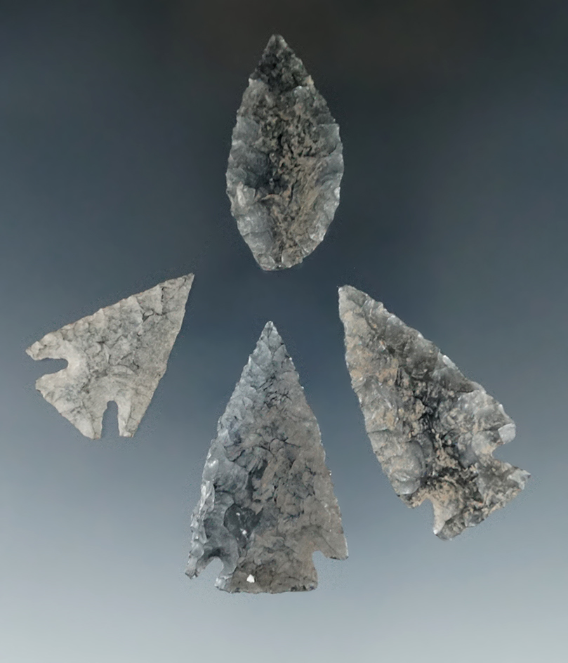 Set of 4 Obsidian Arrowheads found in Warner Valley, Oregon. Largest is 1 5/8".