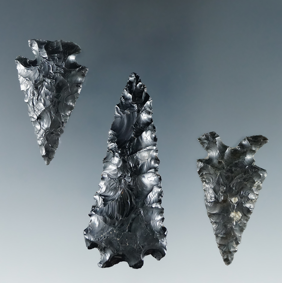 Set of 3 Obsidian arrowheads found in Oregon, largest is 2 3/8".