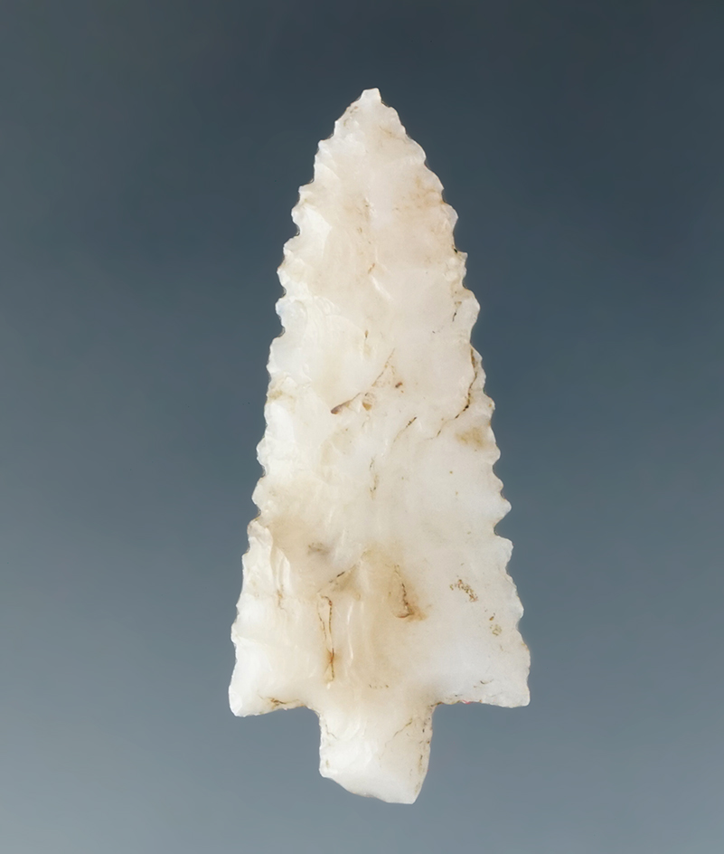 Thin and nicely serrated 1 3/8" Columbia Plateau found near the Dalles. Ex. Lloyd Mcleod, Erspamer.