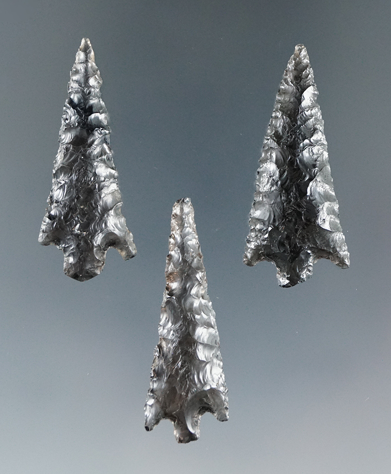 Set of 3 Obsidian arrowheads found in Oregon, largest is 1 7/16".