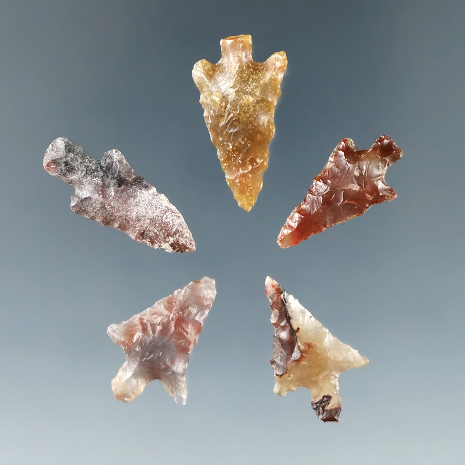 Set of 5 Columbia River Gempoints found by Dewey Schmid prior to 1950, largest is 15/16".