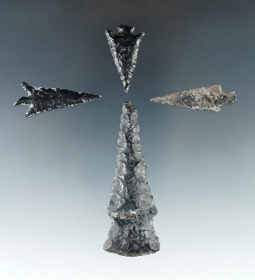 Set of 4 Assorted Obsidian Arrowheads found in Oregon, largest is 2 1/2".