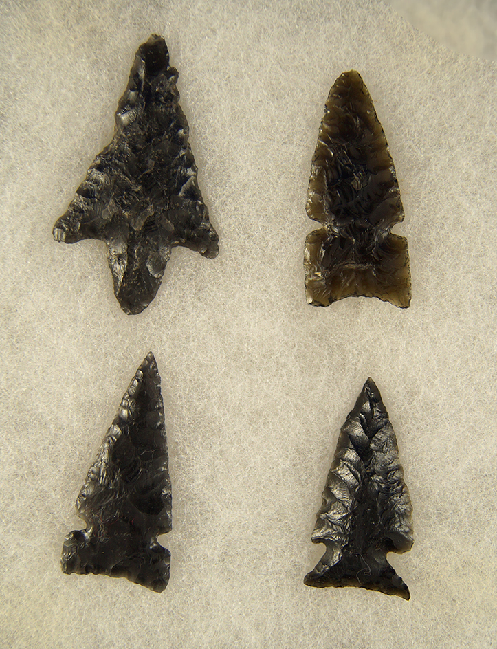 Set of 4 Western Obsidian Arrowheads, largest is 2 3/8".