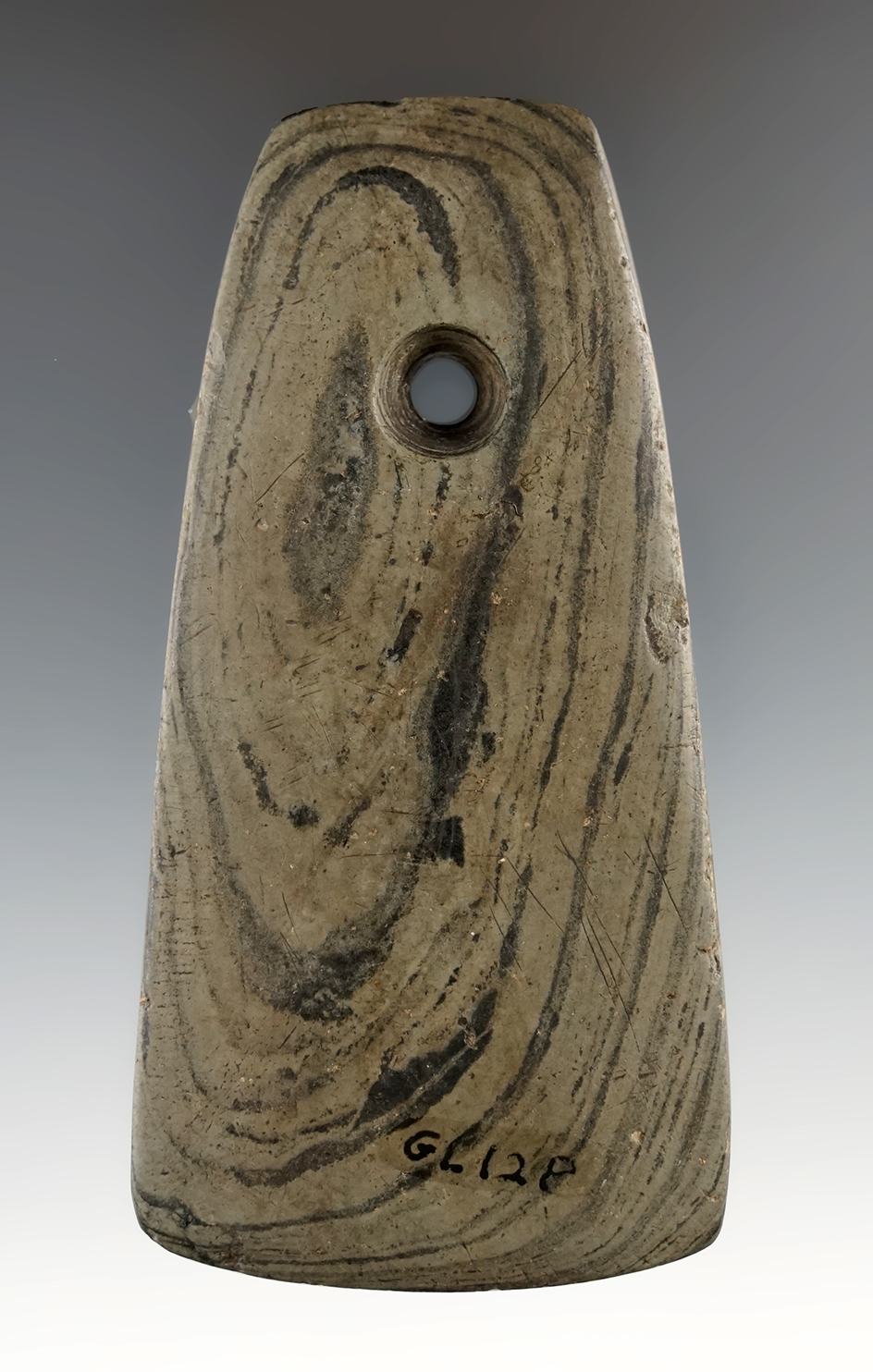 3 7/8" Trapezoidal Pendant. Found in Ohio. Ex. Bill Teill, Raymond Vietzen.