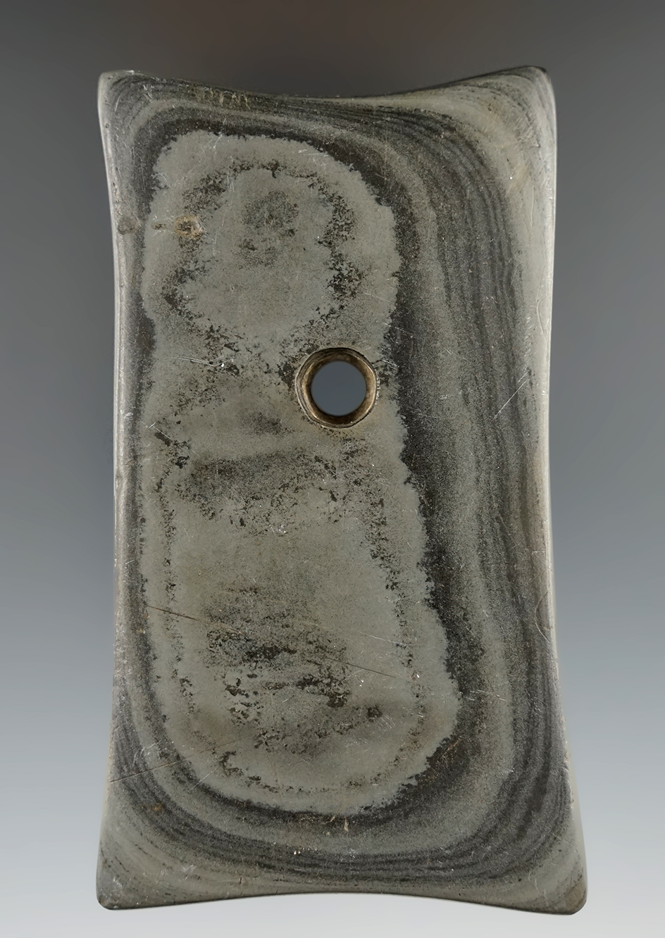 3 3/4" Adena Quadriconcave Pendant. Mercer Co., Ohio. Ex. Dr. Meuser #929/5, Rick Waibel #483.