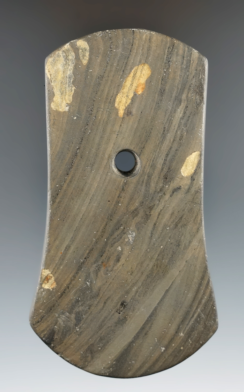 3 7/8" Bi-Concave Pendant made from nicely banded Glacial Slate found in Wood Co., Ohio.