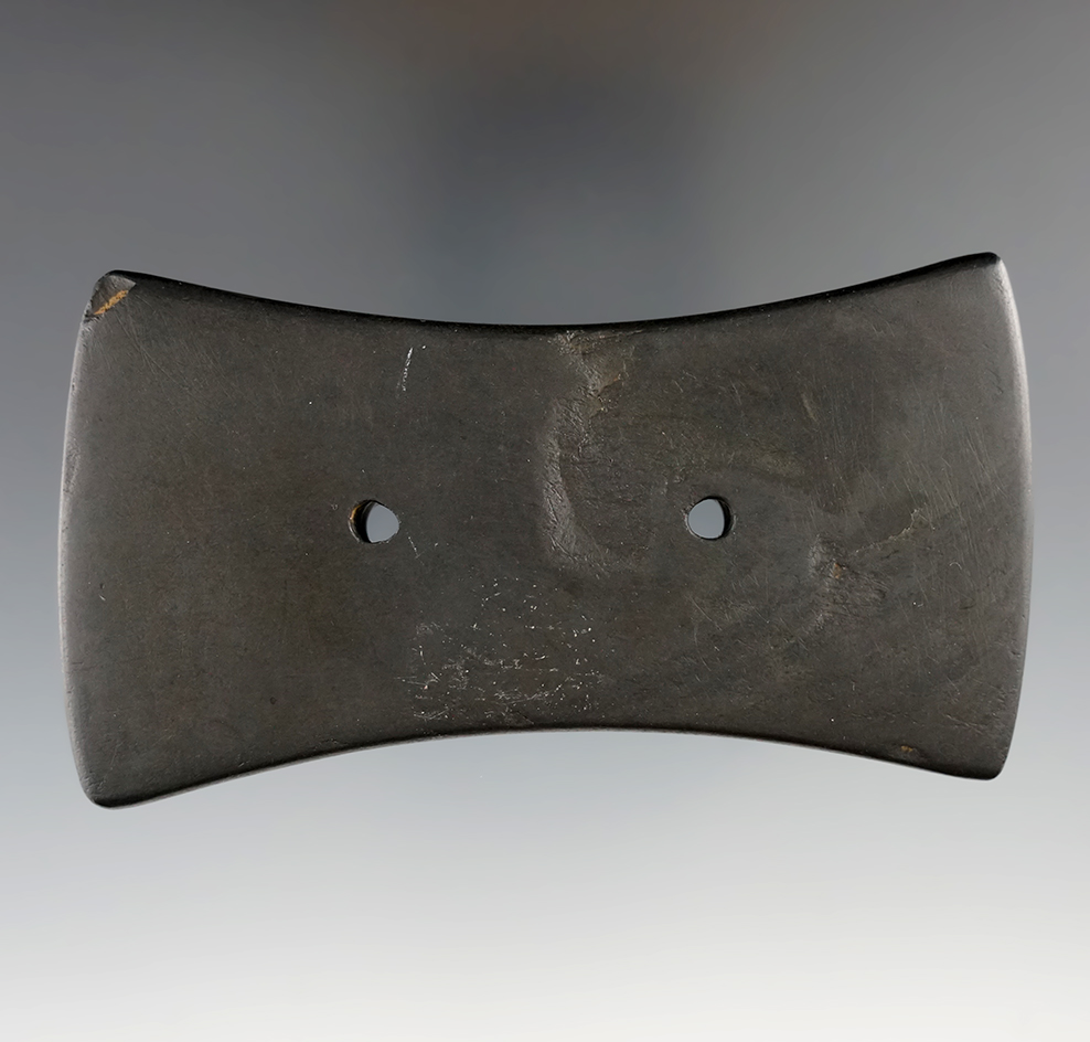 3 11/16" Black Slate Adena Bi-Concave Gorget. Found in Delaware Co., Ohio, in the Sunbury area.
