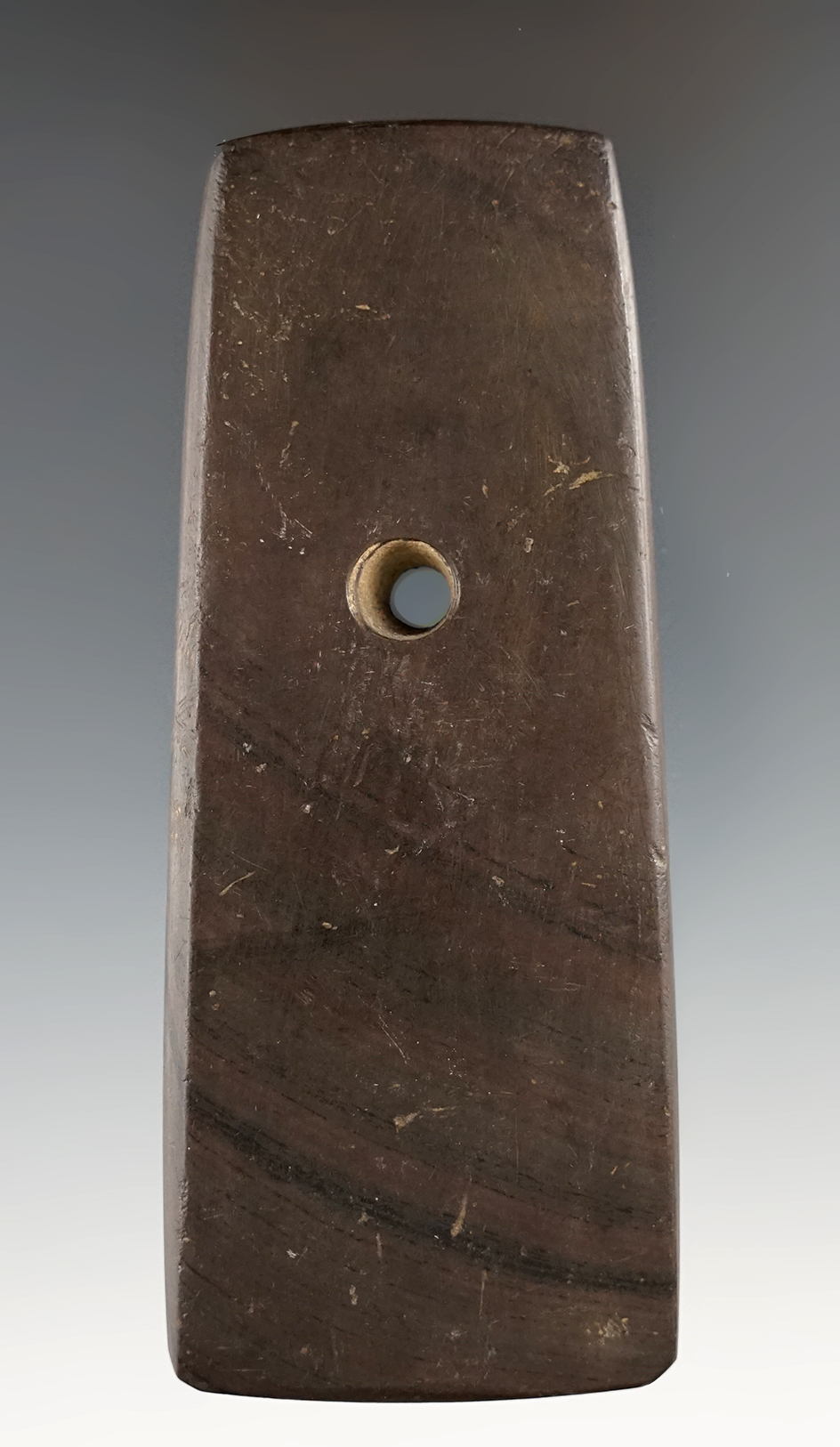 4 3/16" Banded Glacial Slate Trapezoidal Pendant. Richland Co., Ohio. Ex. Dr. Smedal, Dr. Houston.