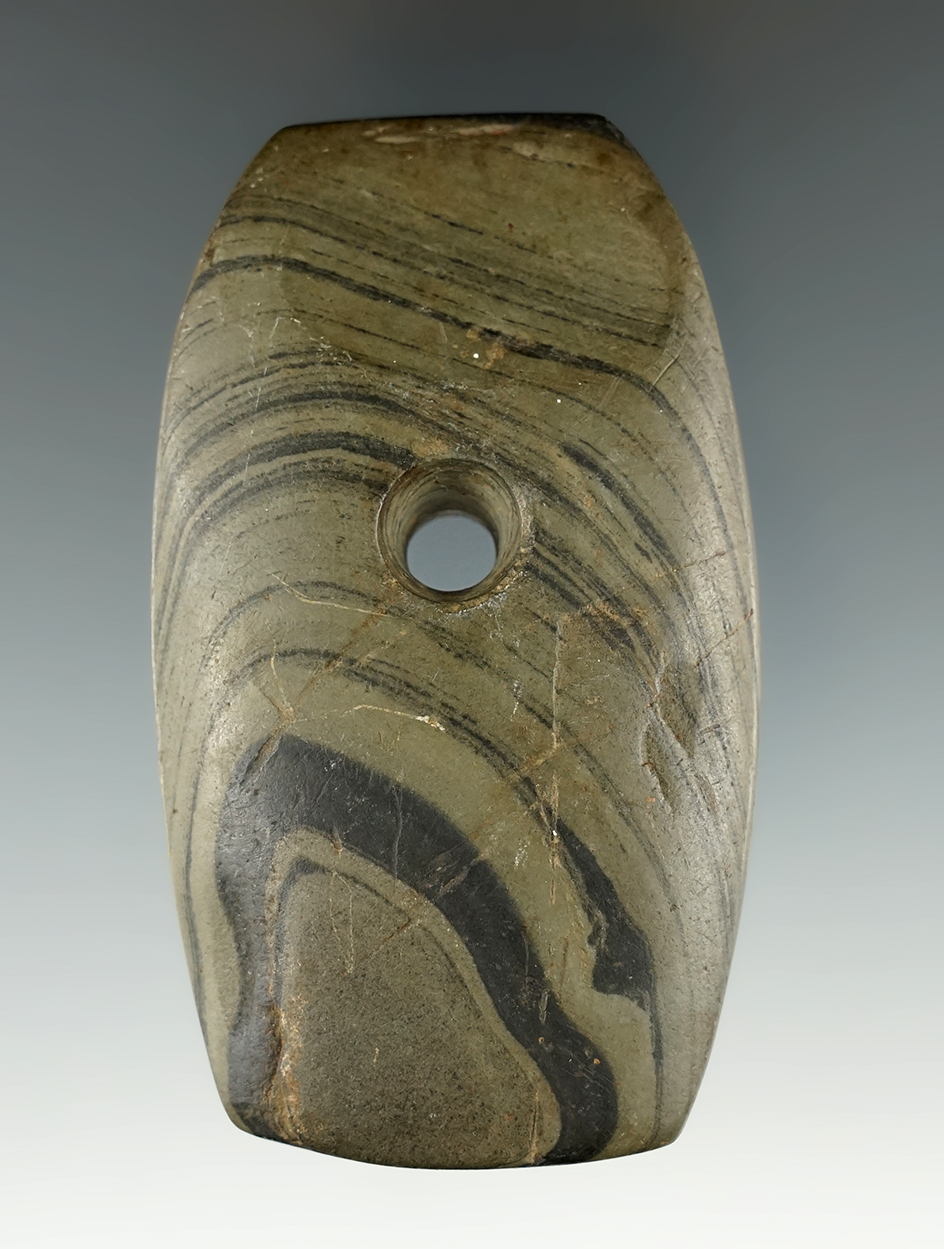 3 1/8" Adena Trapezoidal Pendant made from Banded Slate. Hardin Co., Ohio.  Ex. Jim Fahrni.